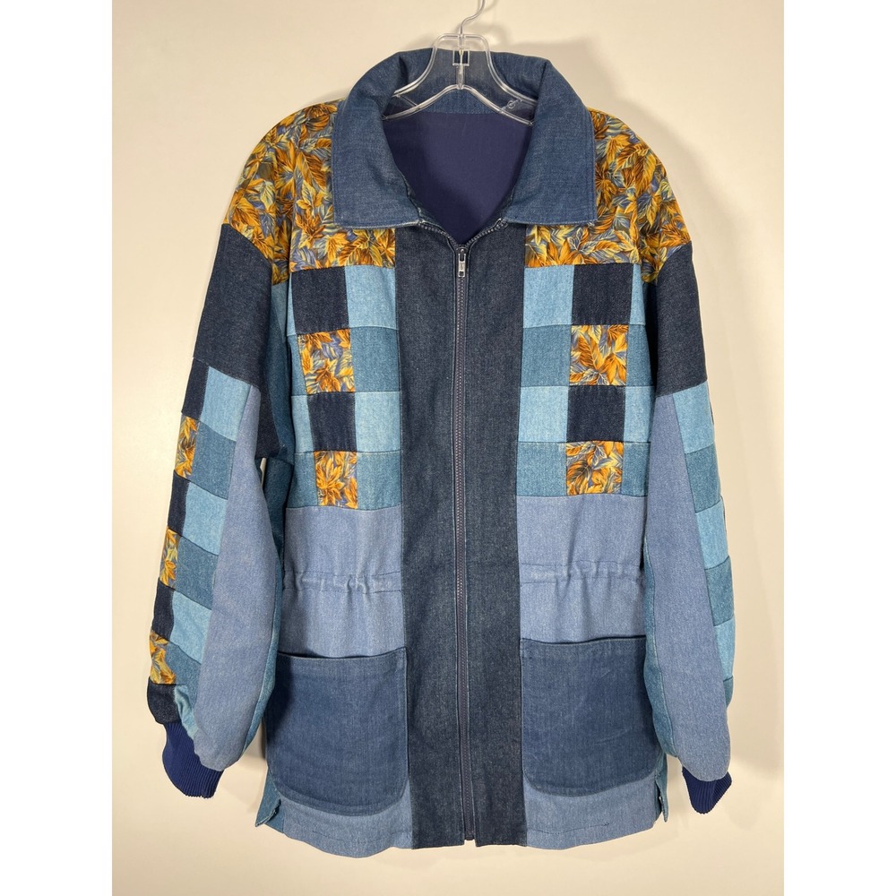 Vintage Patchwork Quilted Denim Blue Floral Jacket Eclectic Cottagecore XL